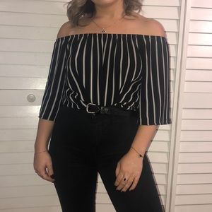 Black and white striped off the shoulder top